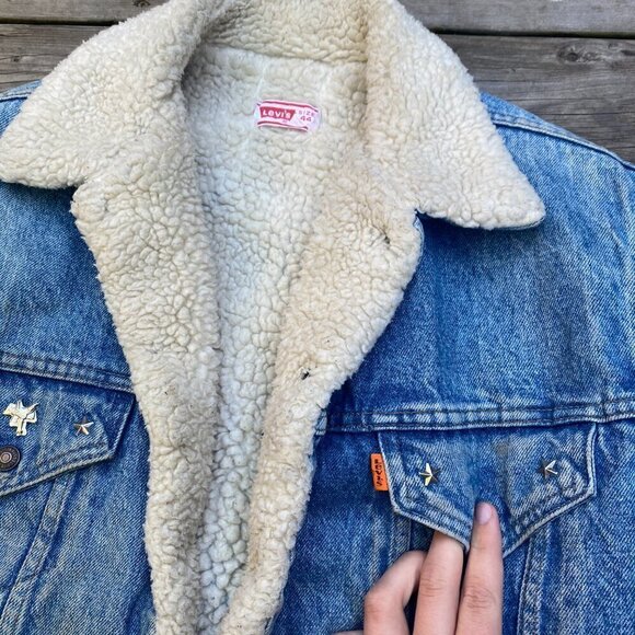 Vintage 1971 Orange Tab Levis Sherpa Denim Jacket Size 44 Large Blue - Picture 12 of 16